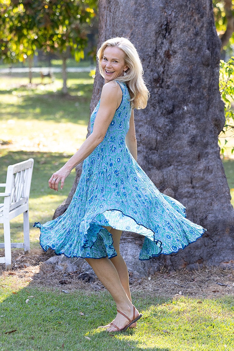 Womens, midi, Flamenco Dress, sleeveless, 100% Cotton, hand block print. Soft Oceanic Blue - Amara