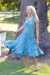 Womens, midi, Flamenco Dress, sleeveless, 100% Cotton, hand block print. Soft Oceanic Blue - Amara