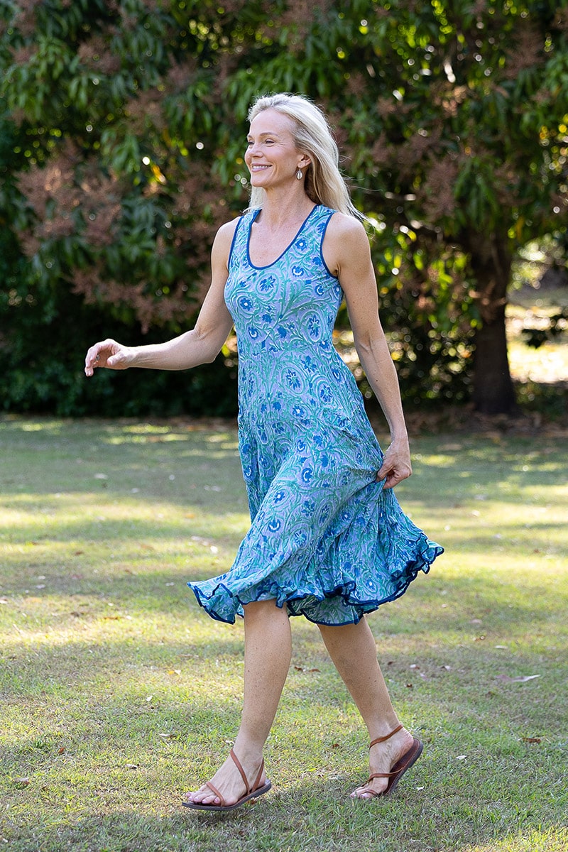 Womens, midi, Flamenco Dress, sleeveless, 100% Cotton, hand block print. Soft Oceanic Blue - Amara