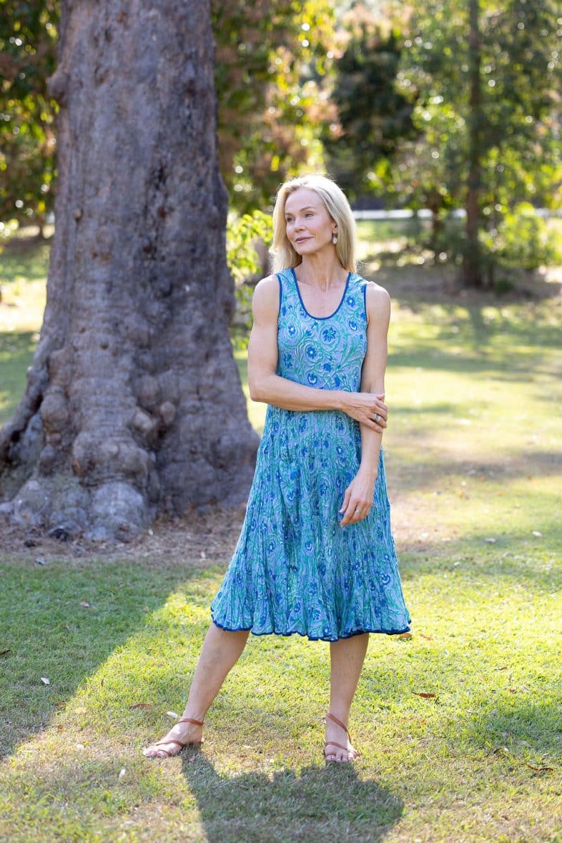 Womens, midi, Flamenco Dress, sleeveless, 100% Cotton, hand block print. Soft Oceanic Blue - Amara