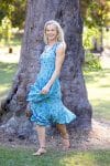 Womens, midi, Flamenco Dress, sleeveless, 100% Cotton, hand block print. Soft Oceanic Blue - Amara