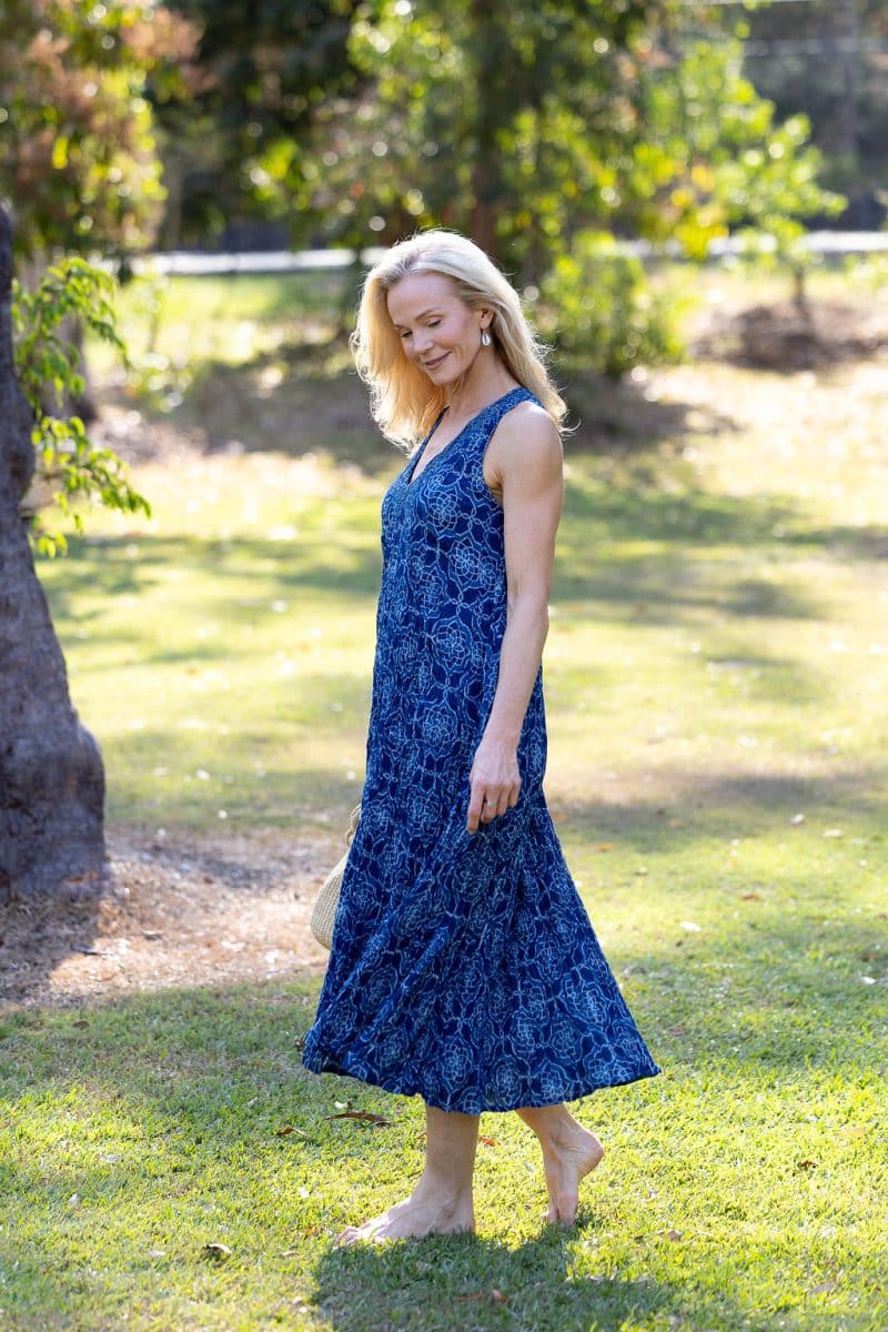 Womens, midi, Mevlana Dress, sleeveless, 100% Cotton, hand block print. Natural Indigo Blue - Indigo Yantra