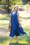 Womens, midi, Mevlana Dress, sleeveless, 100% Cotton, hand block print. Natural Indigo Blue - Indigo Yantra