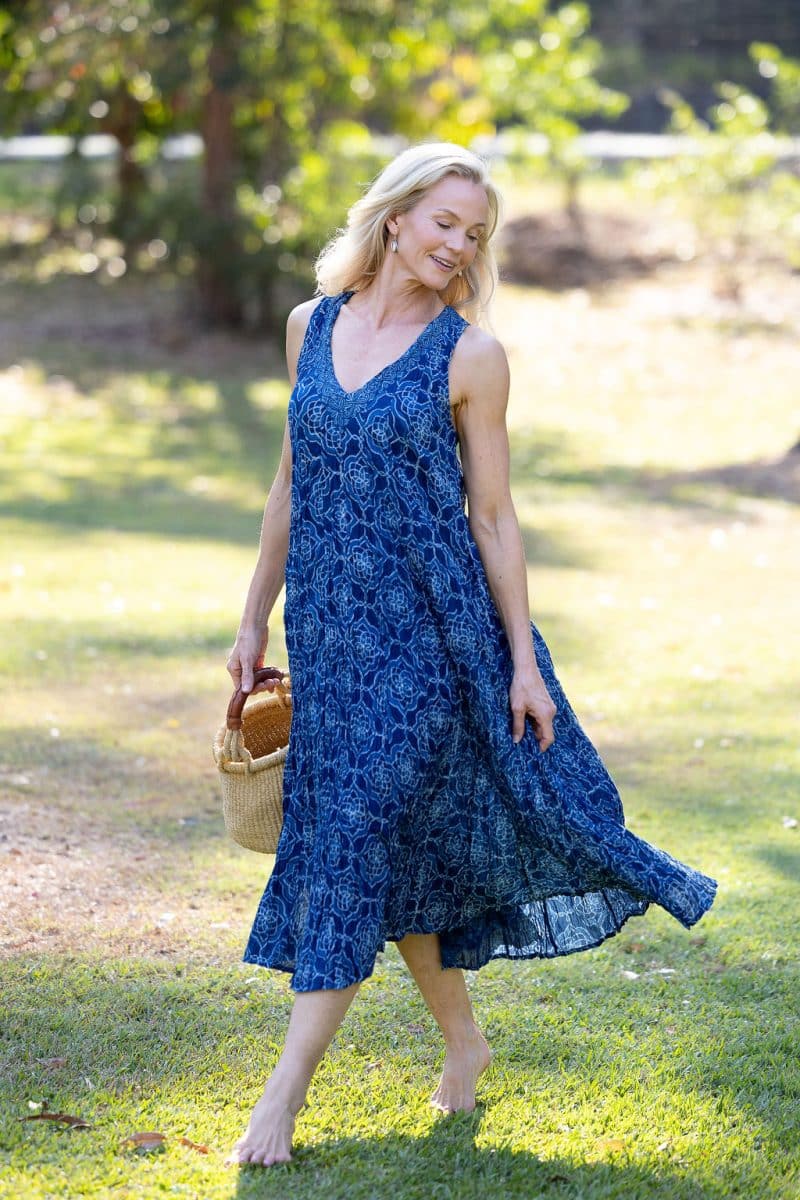 Womens, midi, Mevlana Dress, sleeveless, 100% Cotton, hand block print. Natural Indigo Blue - Indigo Yantra