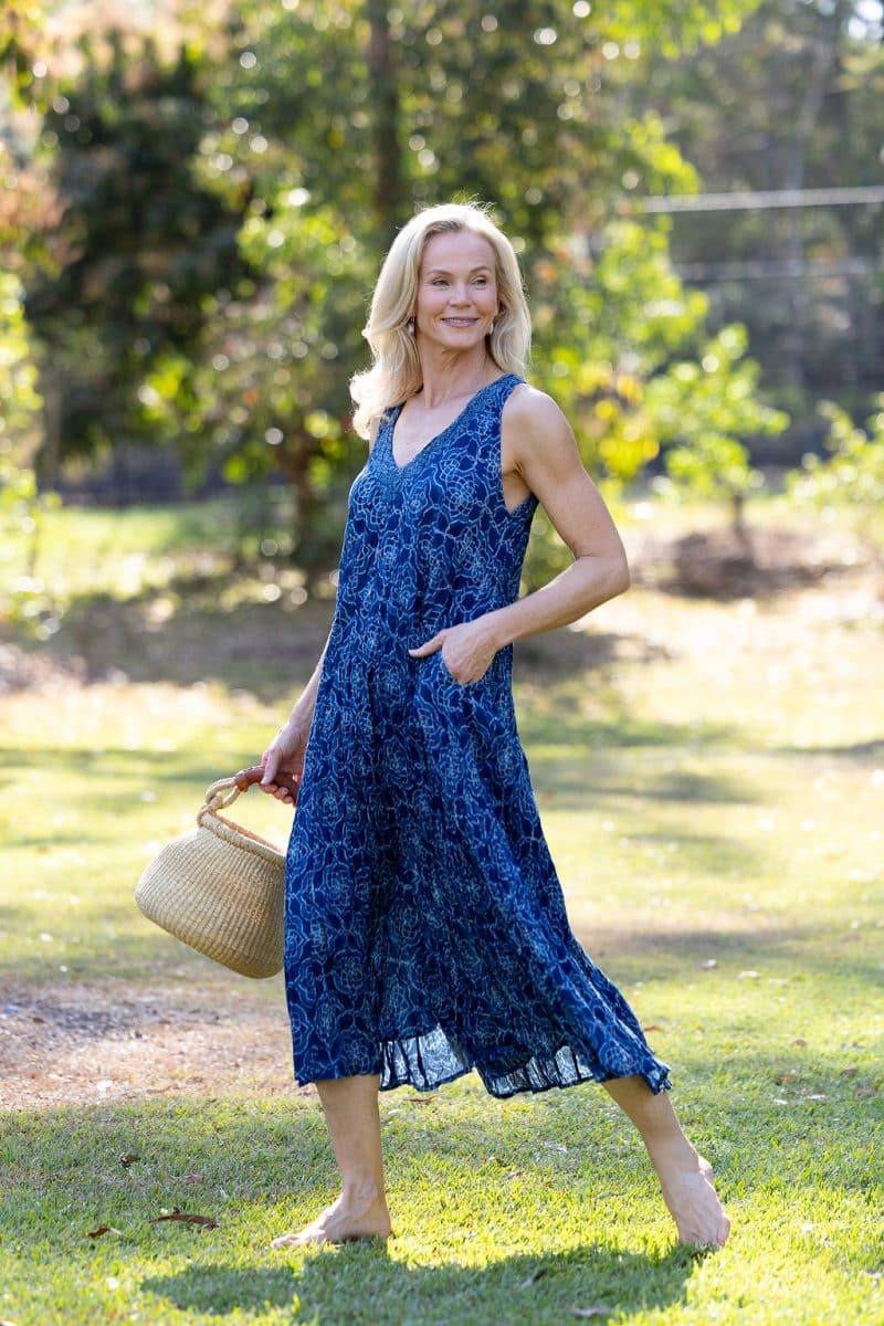 Womens, midi, Mevlana Dress, sleeveless, 100% Cotton, hand block print. Natural Indigo Blue - Indigo Yantra