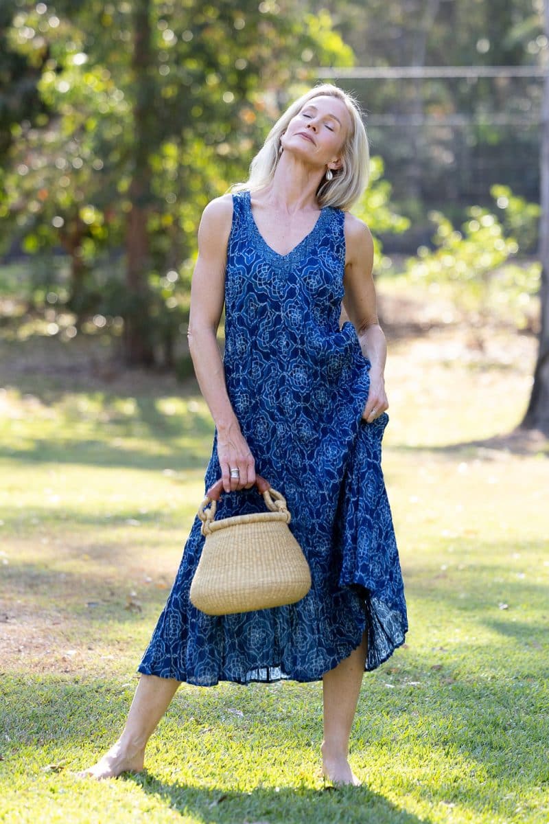 Womens, midi, Mevlana Dress, sleeveless, 100% Cotton, hand block print. Natural Indigo Blue - Indigo Yantra