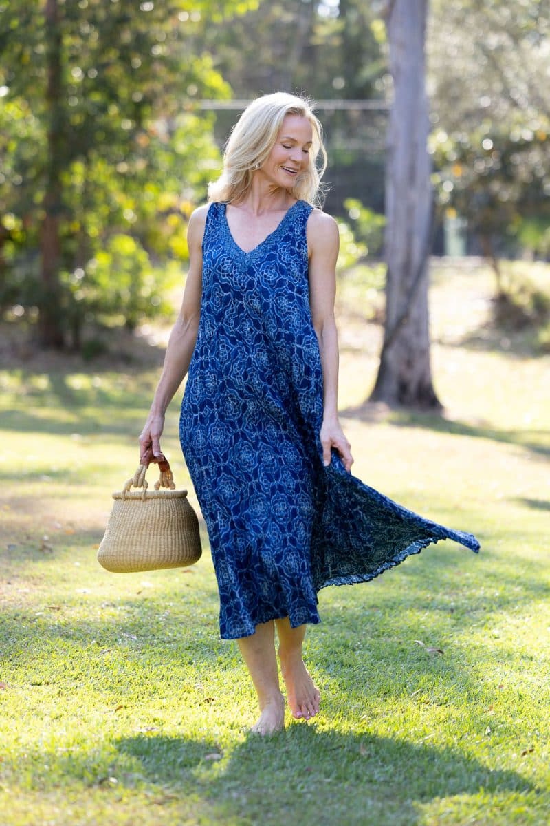 Womens, midi, Mevlana Dress, sleeveless, 100% Cotton, hand block print. Natural Indigo Blue - Indigo Yantra