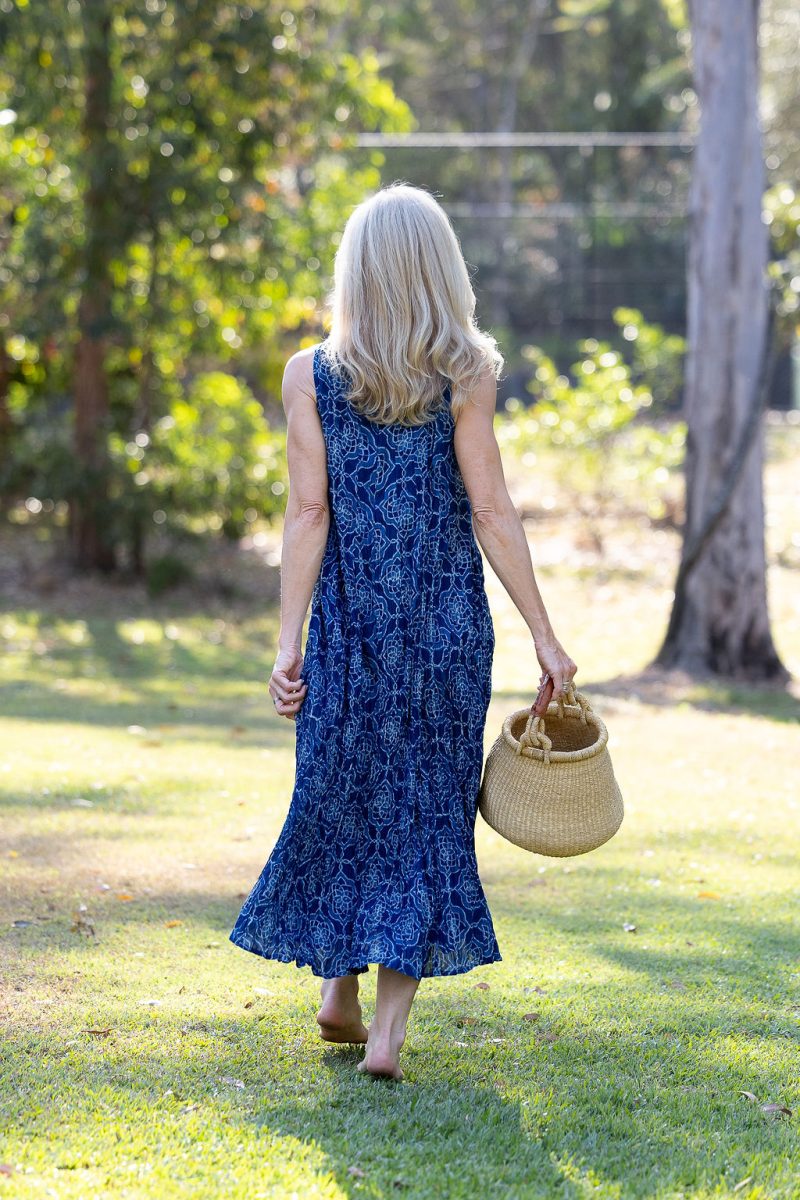 Womens, midi, Mevlana Dress, sleeveless, 100% Cotton, hand block print. Natural Indigo Blue - Indigo Yantra