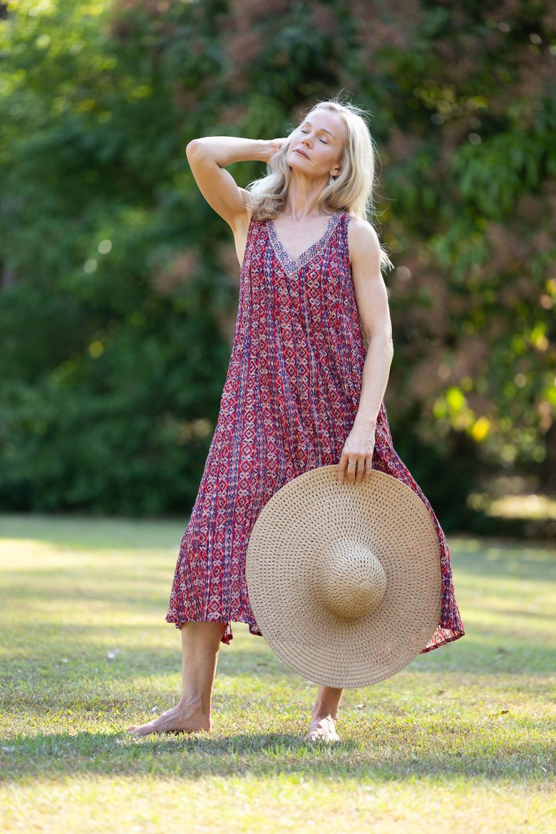 Womens, midi, Mevlana Dress, sleeveless, 100% Cotton, hand block print. Aztec Red - Tavira