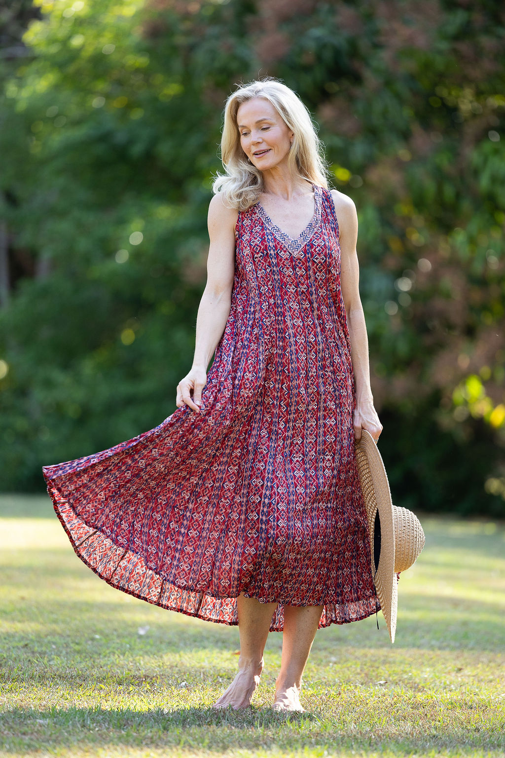 Womens, midi, Mevlana Dress, sleeveless, 100% Cotton, hand block print. Aztec Red - Tavira