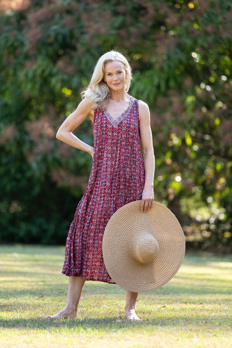 Womens, midi, Mevlana Dress, sleeveless, 100% Cotton, hand block print. Aztec Red - Tavira