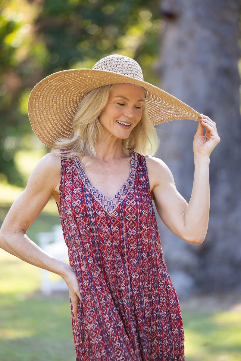 Womens, midi, Mevlana Dress, sleeveless, 100% Cotton, hand block print. Aztec Red - Tavira