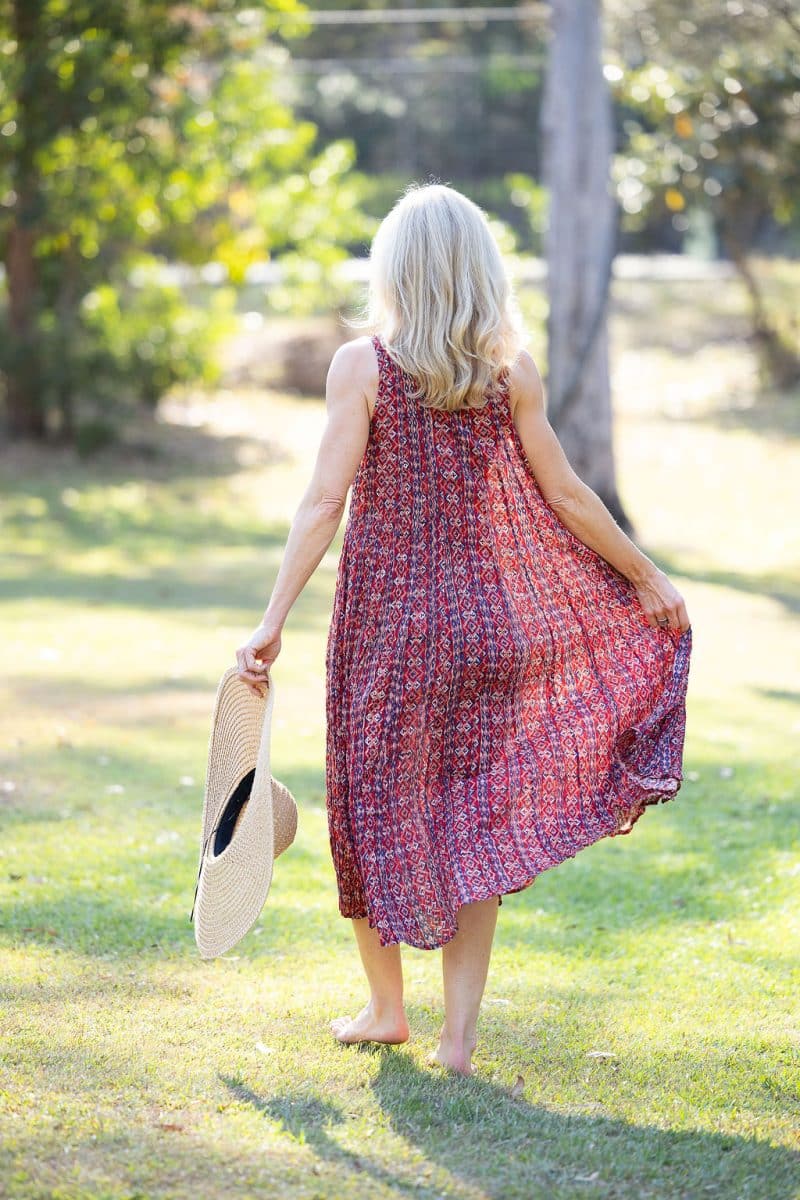 Womens, midi, Mevlana Dress, sleeveless, 100% Cotton, hand block print. Aztec Red - Tavira