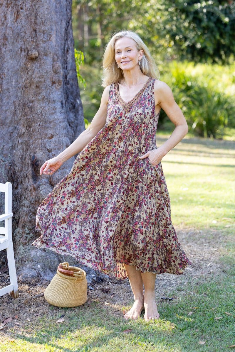 Womens, midi, Mevlana Dress, sleeveless, 100% Cotton, hand block print. Natural tone with florals - Lilienne