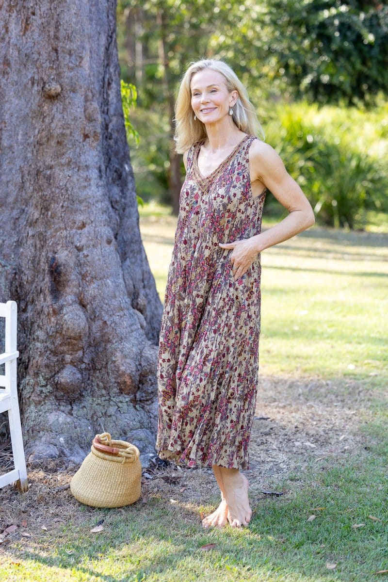 Womens, midi, Mevlana Dress, sleeveless, 100% Cotton, hand block print. Natural tone with florals - Lilienne