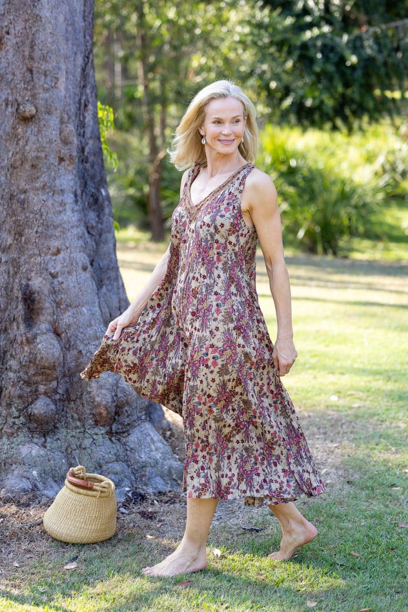 Womens, midi, Mevlana Dress, sleeveless, 100% Cotton, hand block print. Natural tone with florals - Lilienne