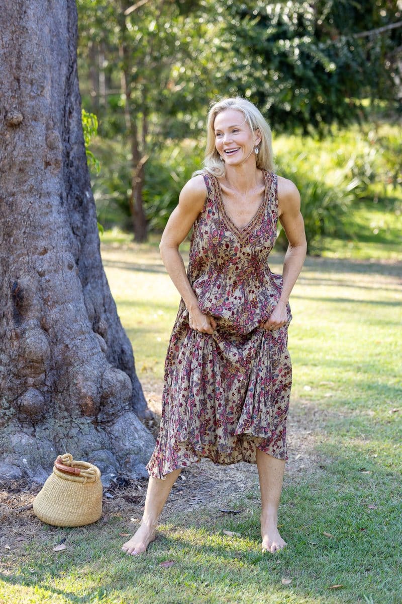 Womens, midi, Mevlana Dress, sleeveless, 100% Cotton, hand block print. Natural tone with florals - Lilienne