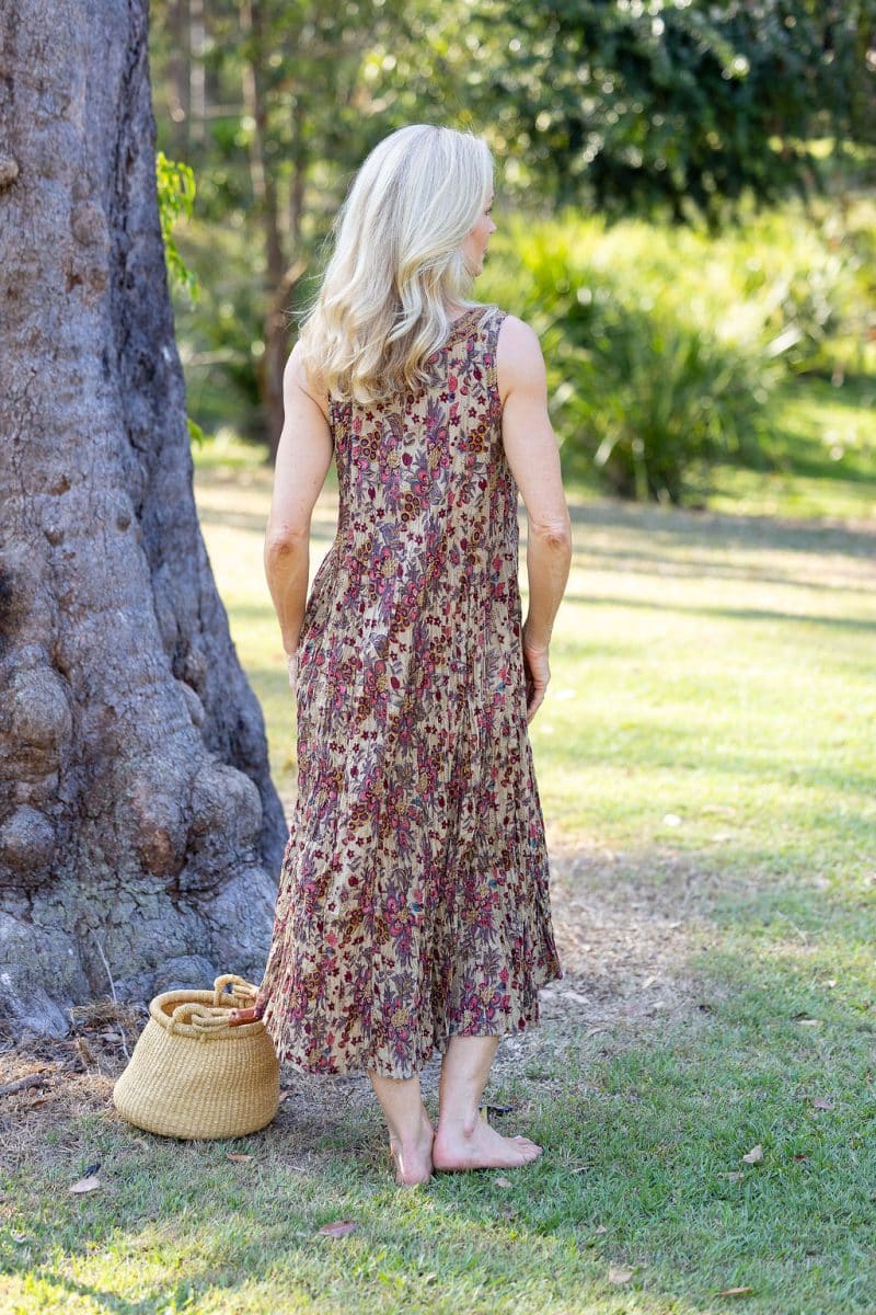 Womens, midi, Mevlana Dress, sleeveless, 100% Cotton, hand block print. Natural tone with florals - Lilienne