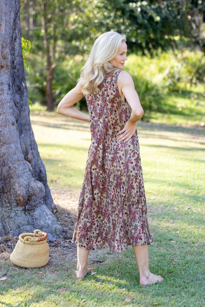 Womens, midi, Mevlana Dress, sleeveless, 100% Cotton, hand block print. Natural tone with florals - Lilienne