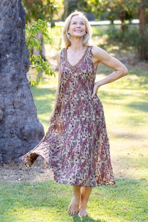 Womens, midi, Mevlana Dress, sleeveless, 100% Cotton, hand block print. Natural tone with florals - Lilienne