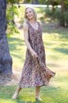 Womens, midi, Mevlana Dress, sleeveless, 100% Cotton, hand block print. Natural tone with florals - Lilienne