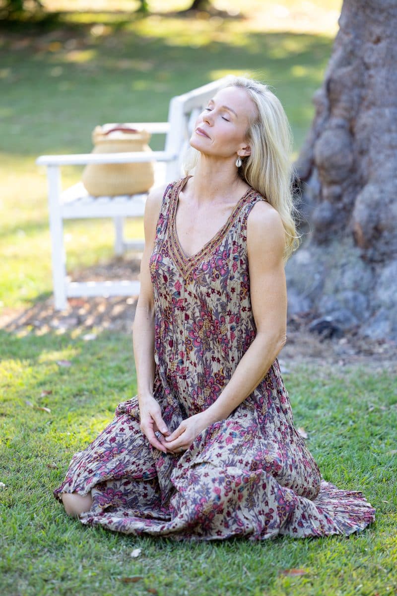 Womens, midi, Mevlana Dress, sleeveless, 100% Cotton, hand block print. Natural tone with florals - Lilienne