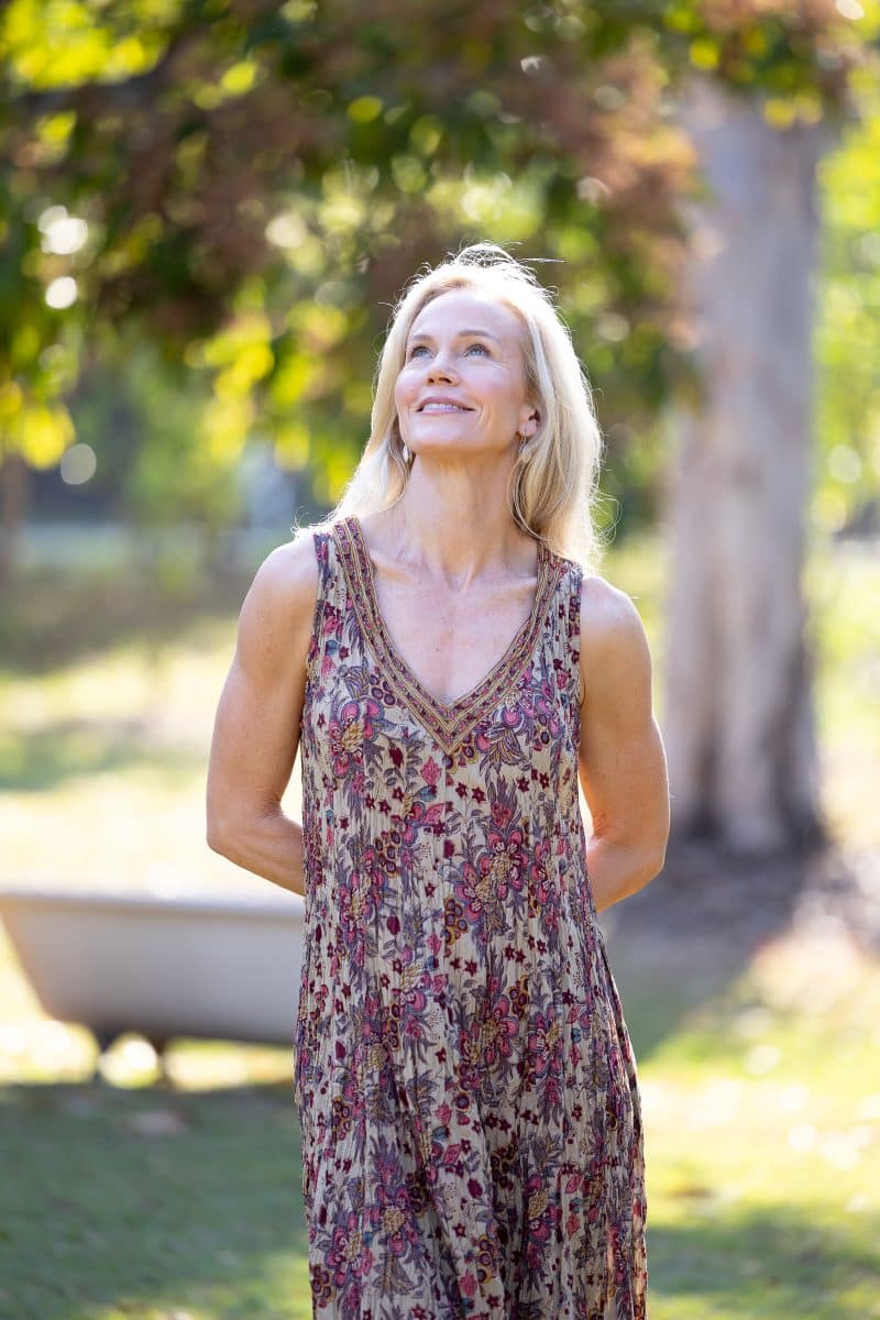 Womens, midi, Mevlana Dress, sleeveless, 100% Cotton, hand block print. Natural tone with florals - Lilienne