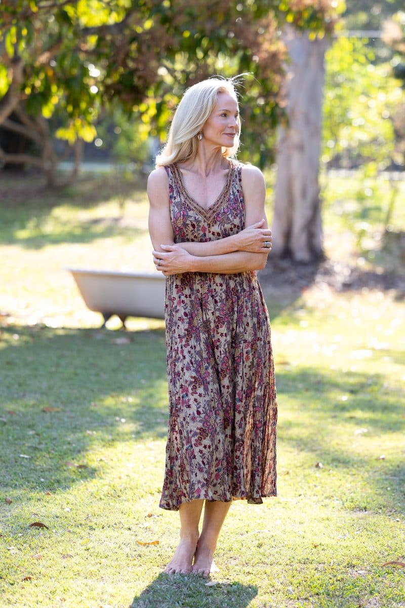 Womens, midi, Mevlana Dress, sleeveless, 100% Cotton, hand block print. Natural tone with florals - Lilienne