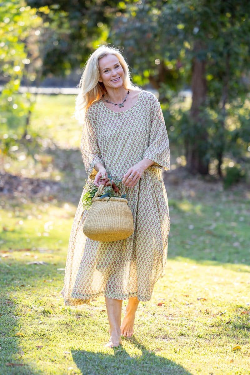 Womens, midi, Clementine Dress, 100% Cotton, hand block print. Soft lime with dainty pink flowers - Camille - Heirloom Collection