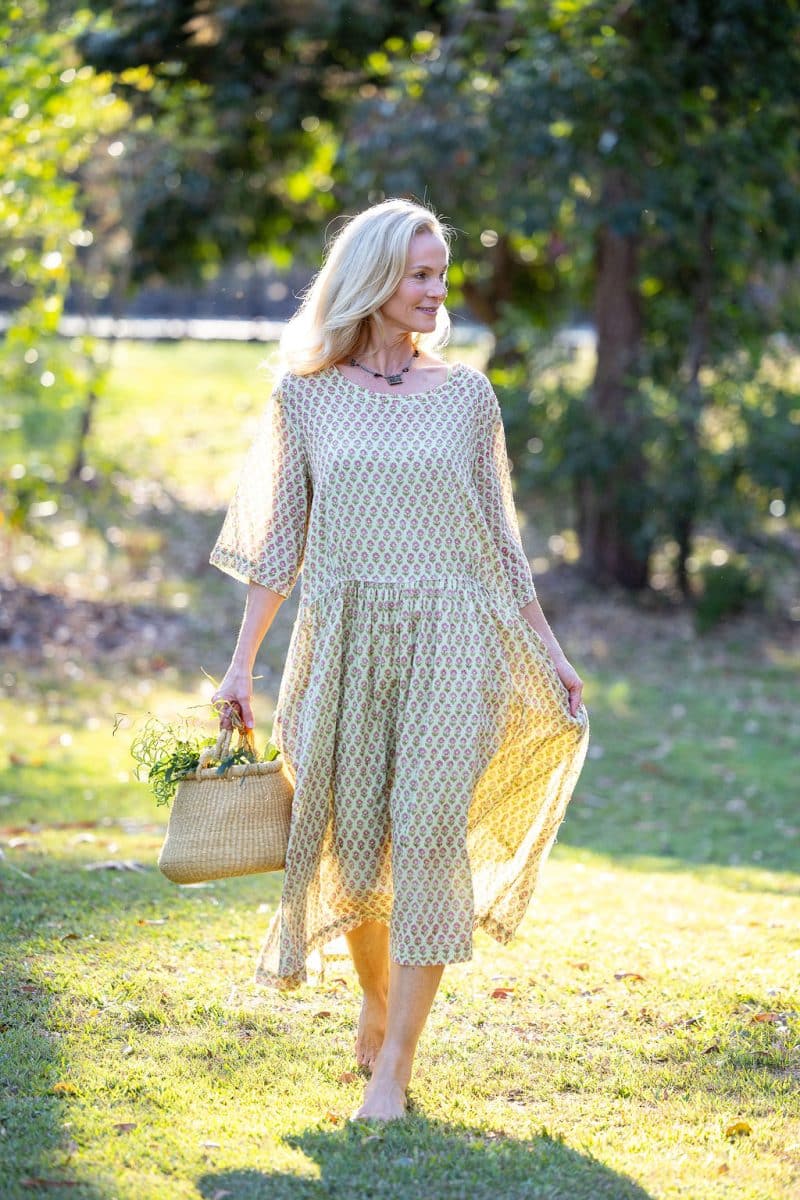 Womens, midi, Clementine Dress, 100% Cotton, hand block print. Soft lime with dainty pink flowers - Camille - Heirloom Collection