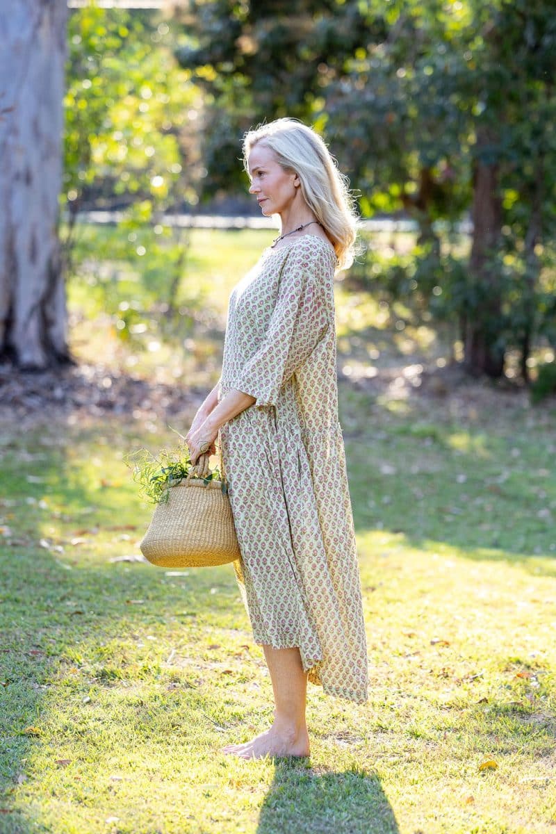 Womens, midi, Clementine Dress, 100% Cotton, hand block print. Soft lime with dainty pink flowers - Camille - Heirloom Collection