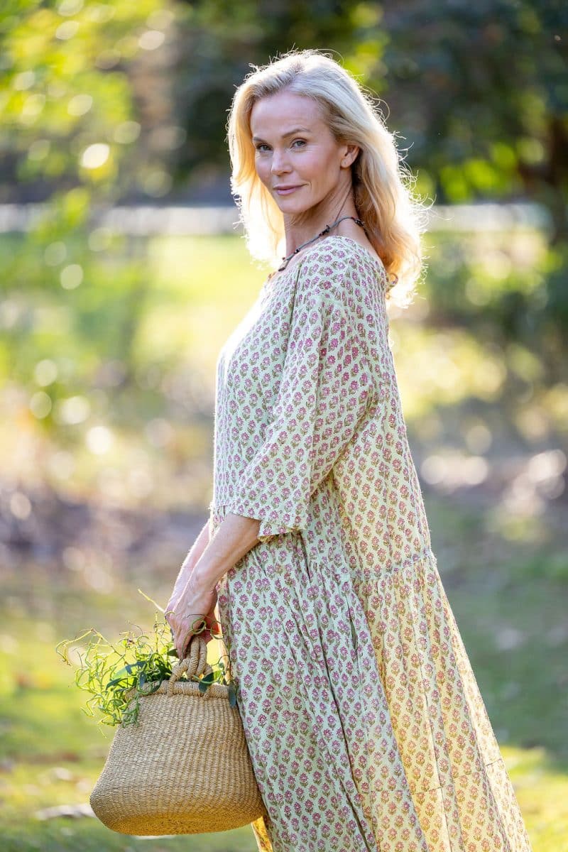 Womens, midi, Clementine Dress, 100% Cotton, hand block print. Soft lime with dainty pink flowers - Camille - Heirloom Collection