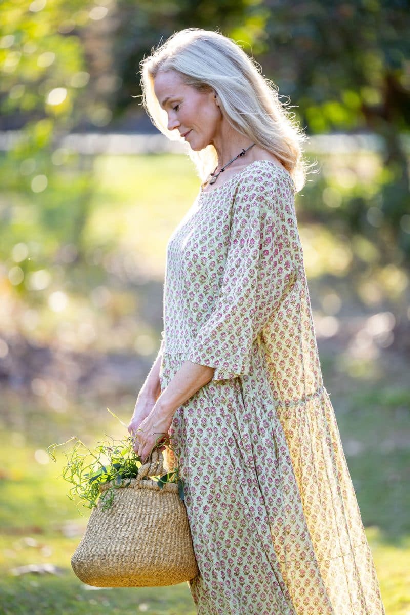 Womens, midi, Clementine Dress, 100% Cotton, hand block print. Soft lime with dainty pink flowers - Camille - Heirloom Collection