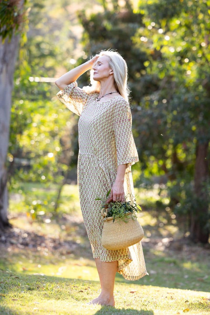Womens, midi, Clementine Dress, 100% Cotton, hand block print. Soft lime with dainty pink flowers - Camille - Heirloom Collection