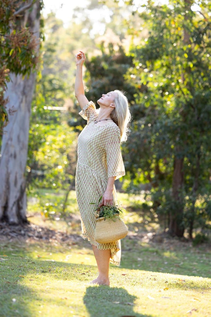 Womens, midi, Clementine Dress, 100% Cotton, hand block print. Soft lime with dainty pink flowers - Camille - Heirloom Collection