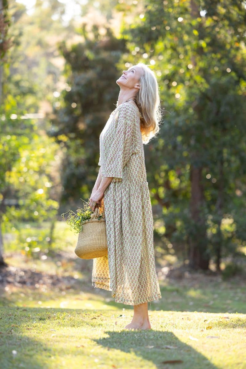 Womens, midi, Clementine Dress, 100% Cotton, hand block print. Soft lime with dainty pink flowers - Camille - Heirloom Collection