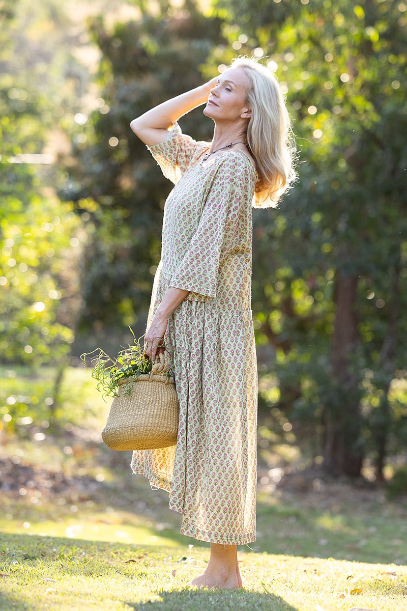 Womens, midi, Clementine Dress, 100% Cotton, hand block print. Soft lime with dainty pink flowers - Camille - Heirloom Collection