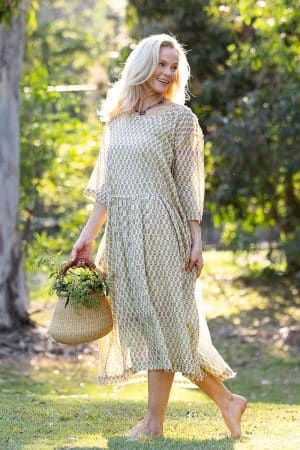 Womens, midi, Clementine Dress, 100% Cotton, hand block print. Soft lime with dainty pink flowers - Camille - Heirloom Collection