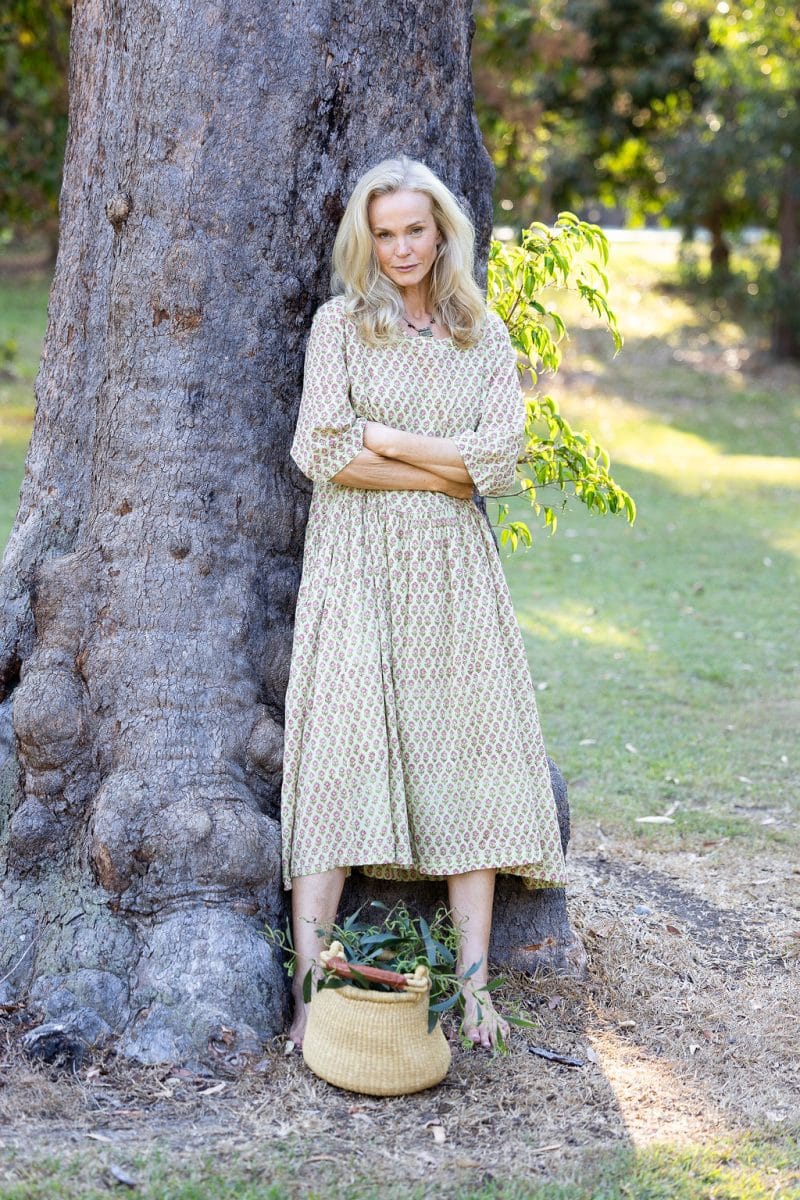 Womens, midi, Clementine Dress, 100% Cotton, hand block print. Soft lime with dainty pink flowers - Camille - Heirloom Collection