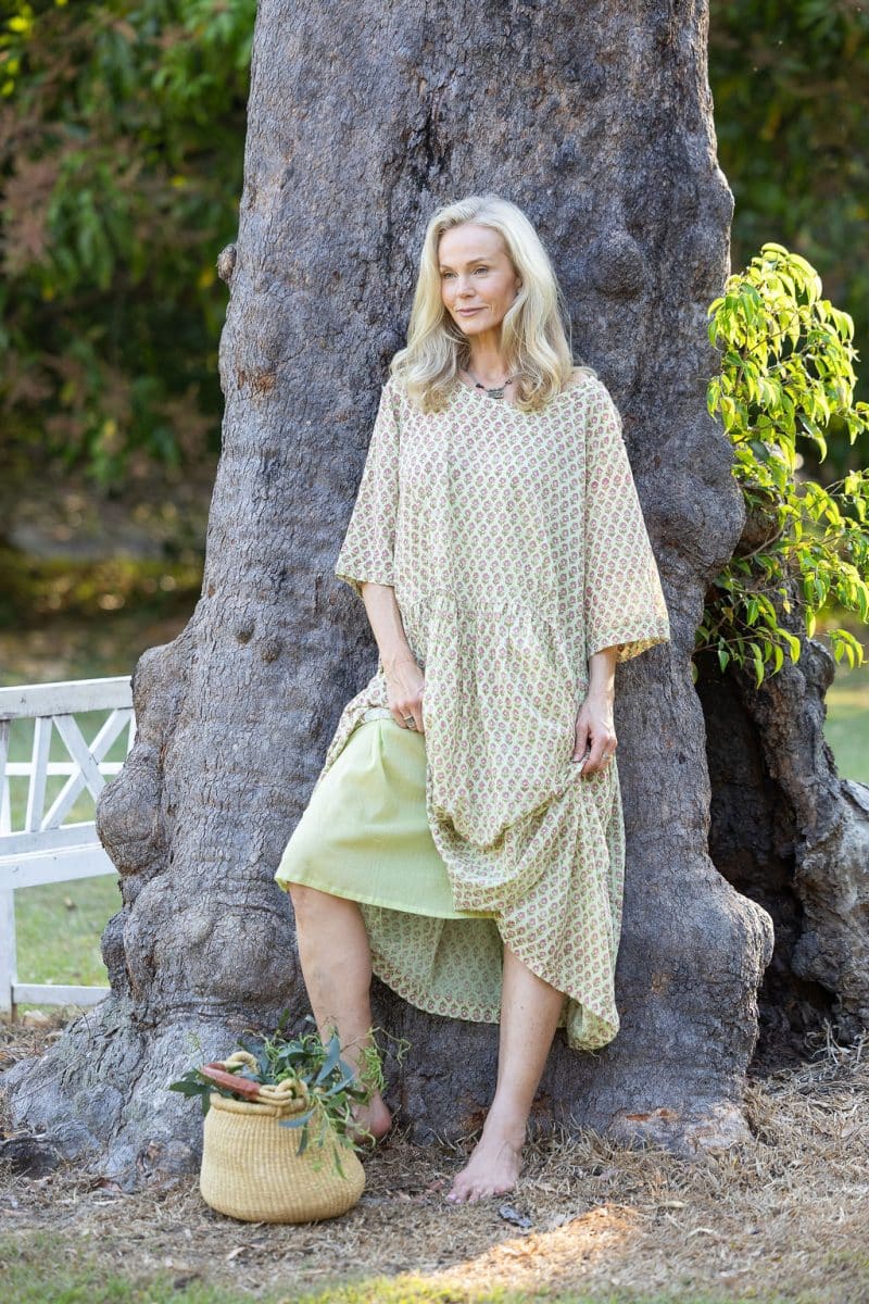 Womens, midi, Clementine Dress, 100% Cotton, hand block print. Soft lime with dainty pink flowers - Camille - Heirloom Collection