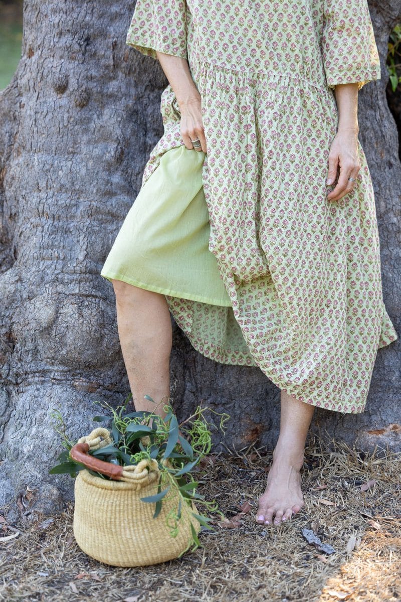 Womens, midi, Clementine Dress, 100% Cotton, hand block print. Soft lime with dainty pink flowers - Camille - Heirloom Collection