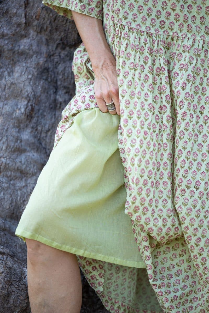 Womens, midi, Clementine Dress, 100% Cotton, hand block print. Soft lime with dainty pink flowers - Camille - Heirloom Collection