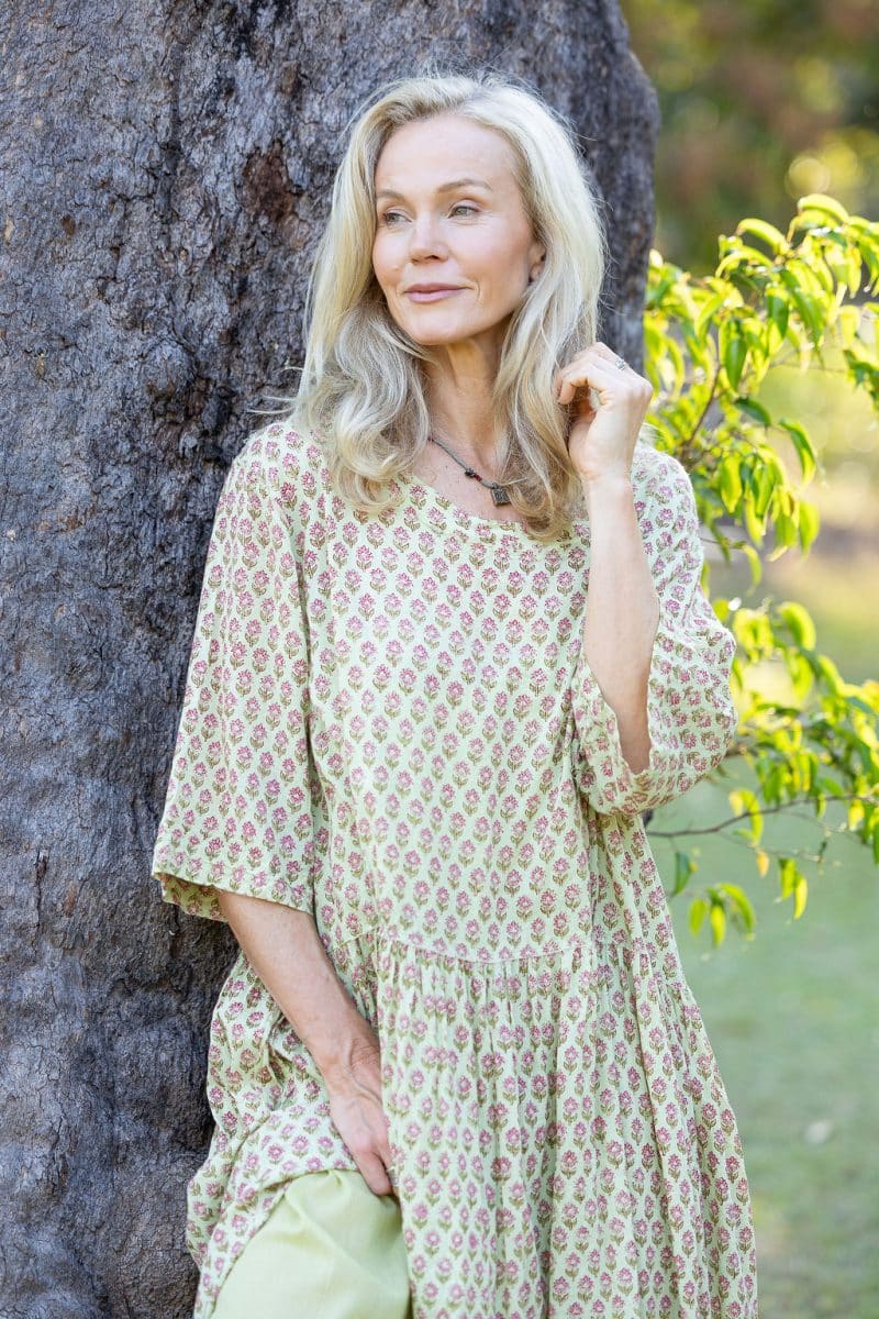 Womens, midi, Clementine Dress, 100% Cotton, hand block print. Soft lime with dainty pink flowers - Camille - Heirloom Collection