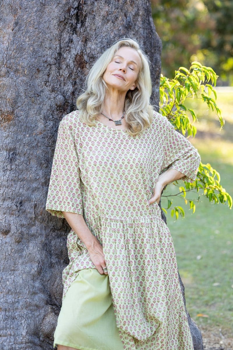 Womens, midi, Clementine Dress, 100% Cotton, hand block print. Soft lime with dainty pink flowers - Camille - Heirloom Collection