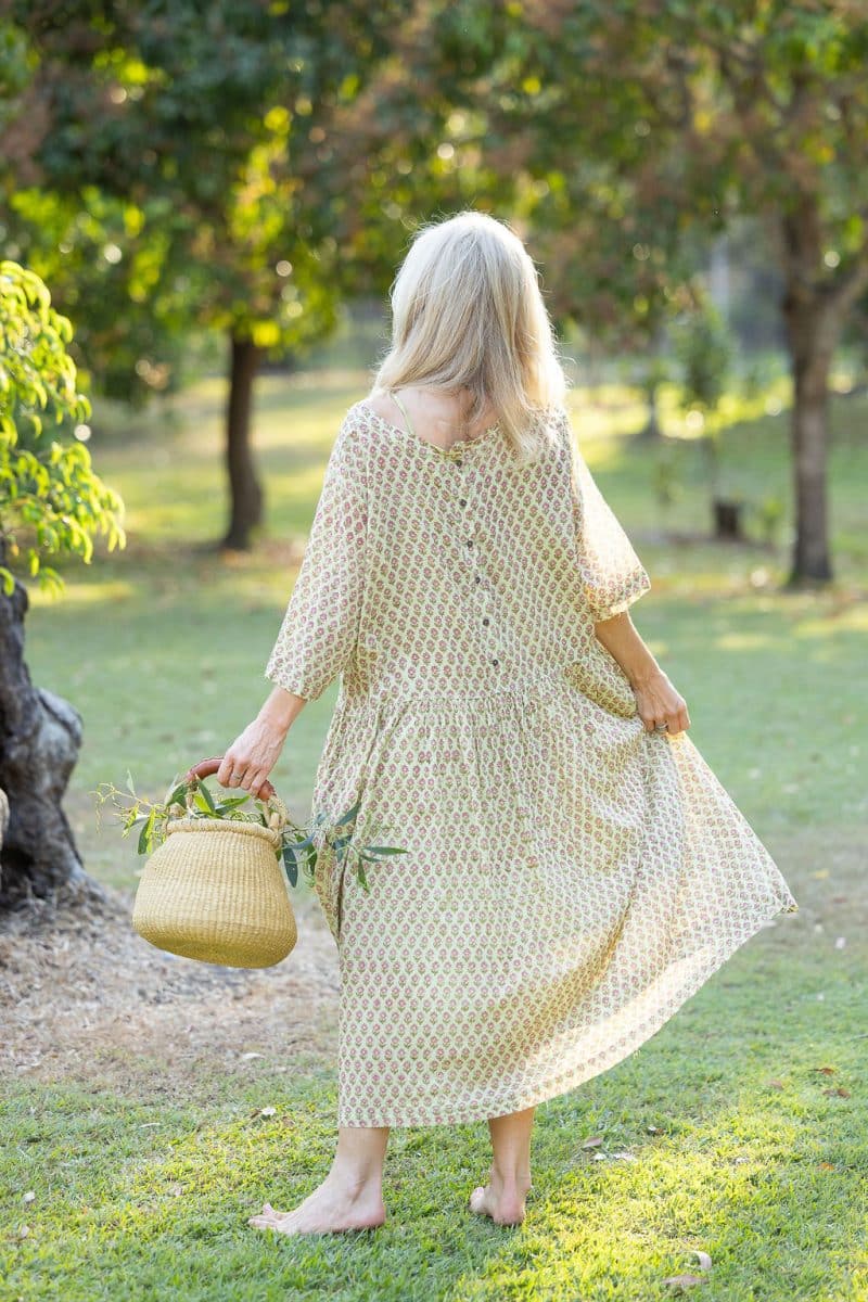 Womens, midi, Clementine Dress, 100% Cotton, hand block print. Soft lime with dainty pink flowers - Camille - Heirloom Collection