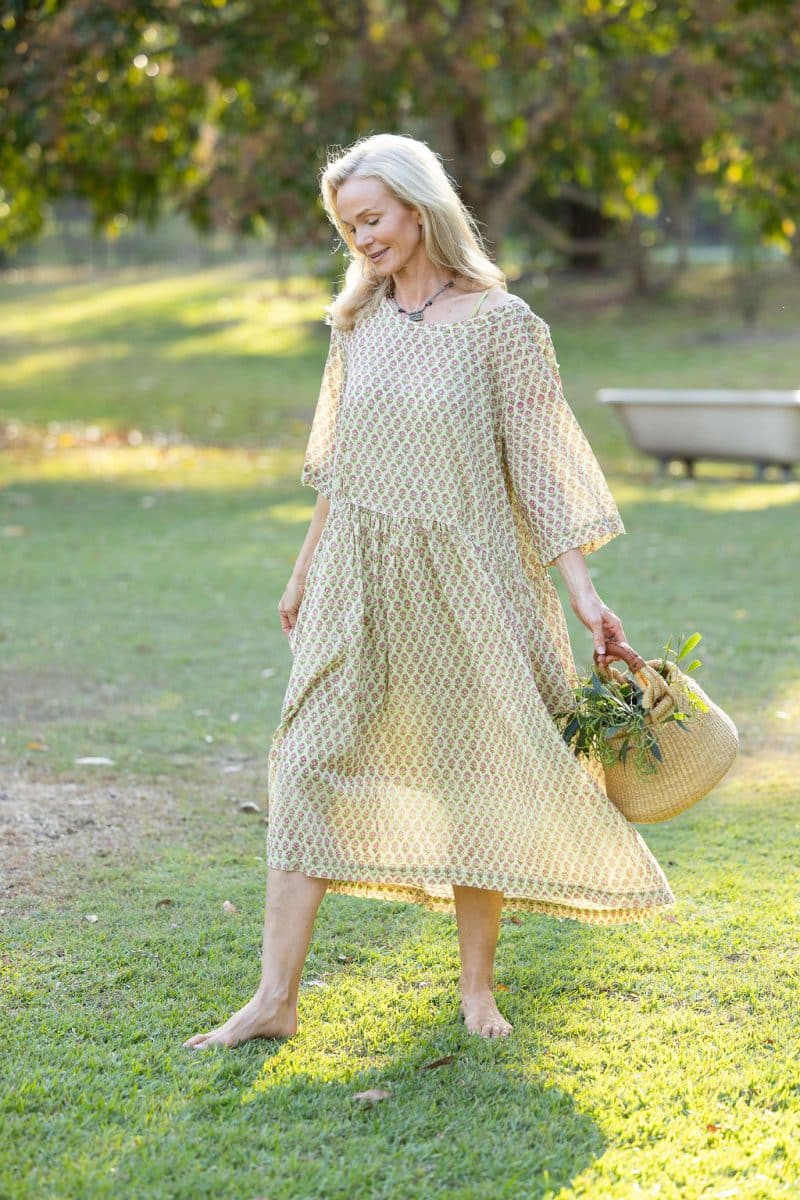 Womens, midi, Clementine Dress, 100% Cotton, hand block print. Soft lime with dainty pink flowers - Camille - Heirloom Collection