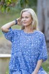 Womens, midi, Clementine dress, 100% Cotton, hand block print. Blue Floral - Aurelia - Heirloom Collection