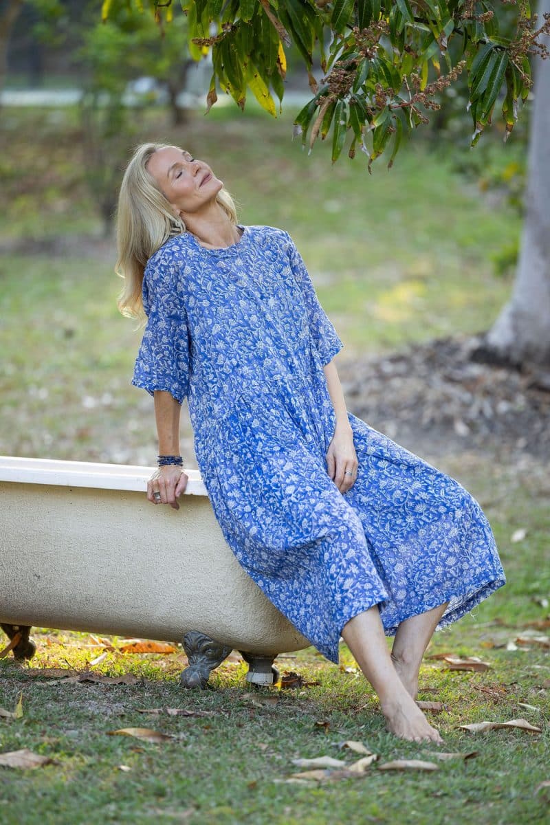 Womens, midi, Clementine dress, 100% Cotton, hand block print. Blue Floral - Aurelia - Heirloom Collection