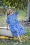 Womens, midi, Clementine dress, 100% Cotton, hand block print. Blue Floral - Aurelia - Heirloom Collection