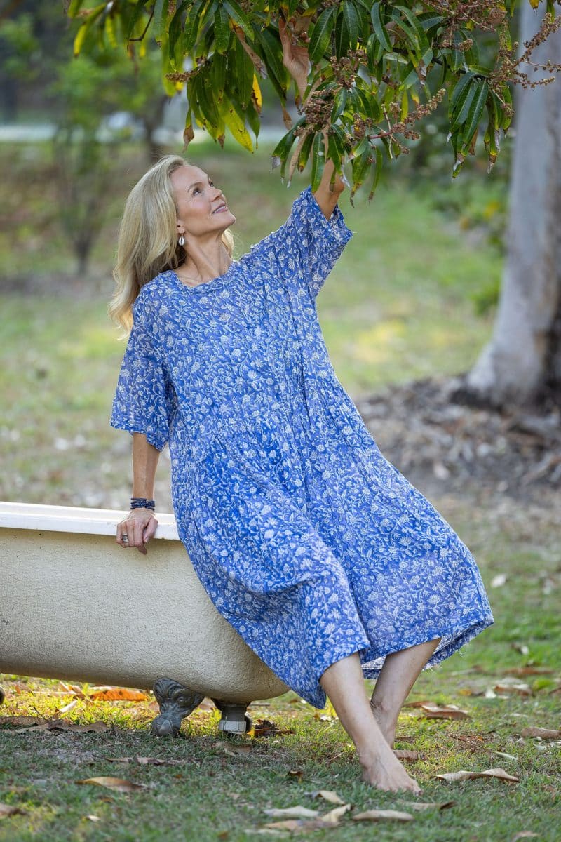 Womens, midi, Clementine dress, 100% Cotton, hand block print. Blue Floral - Aurelia - Heirloom Collection